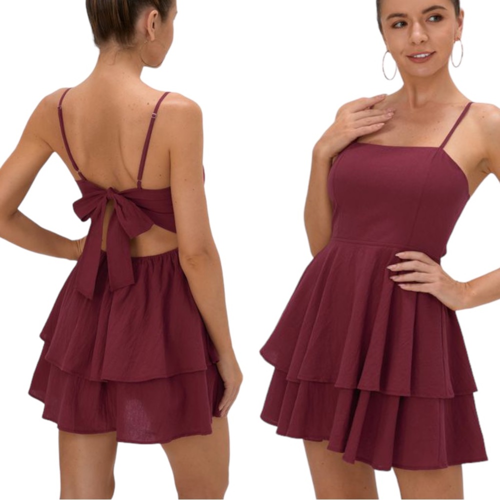 Halara Adjustable Strap Tie Back Tiered Ruffle Flowy Slip Mini Dress Red Sz MED